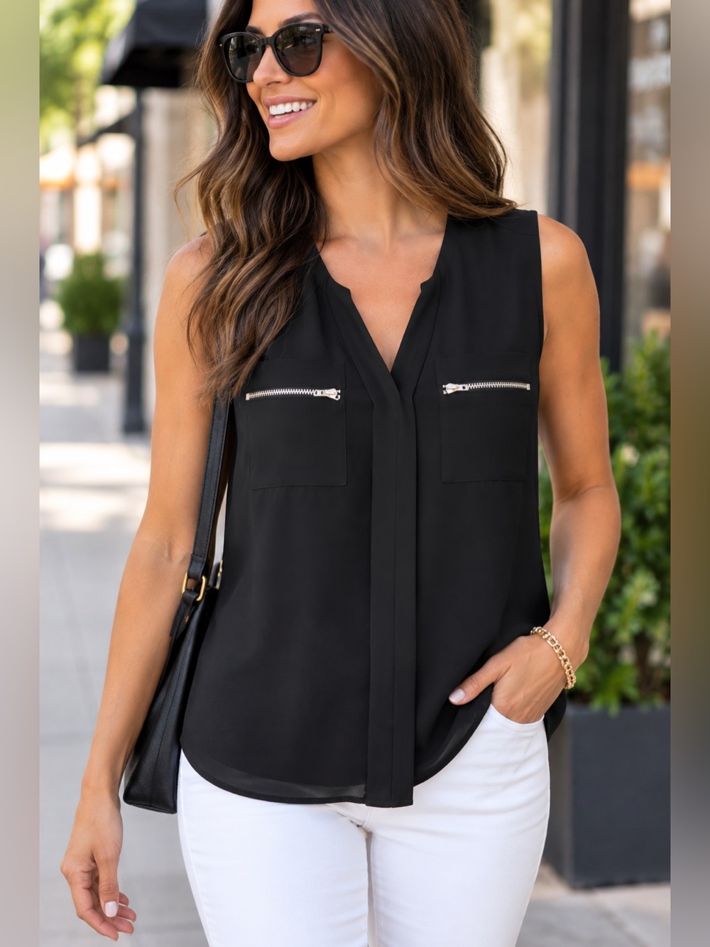 Naked Zebra Black Sleeveless Zip Pocket V Neck Blouse Top M